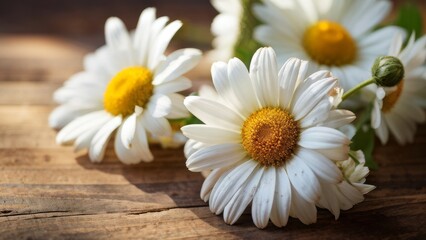 Obraz premium A bouquet of daisies on a wooden table with a place for text.