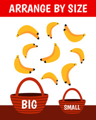 Education game for children. Arrange by size. Big or small. Put the bananas in the basket. Printable worksheet with solution for school and preschool. Vector cartoon illustration.