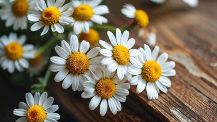 Obraz premium A bouquet of daisies on a wooden table with a place for text.