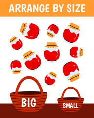 Education game for children. Arrange by size. Big or small. Put the jam in the basket. Printable worksheet with solution for school and preschool. Vector cartoon illustration.