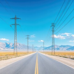 A long, straight road stretches through a vast landscape, flanked by towering mountains and lined with power lines under a clear blue sky.