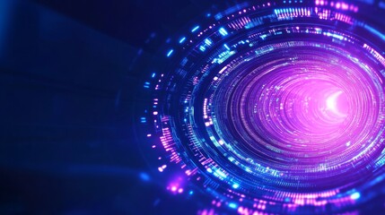 Fototapeta premium Abstract digital background with glowing rings and a bright center, in blue and purple tones.