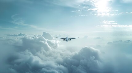 Naklejka premium Airplane flying above the clouds in a bright sky.