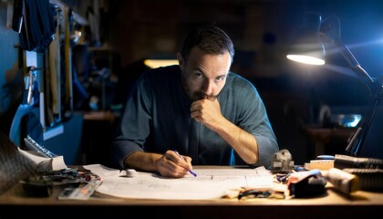 A male engineer is working with vehicle models and design ideas in a high-tech style in data analysis within an innovative workshop environment. Generated image