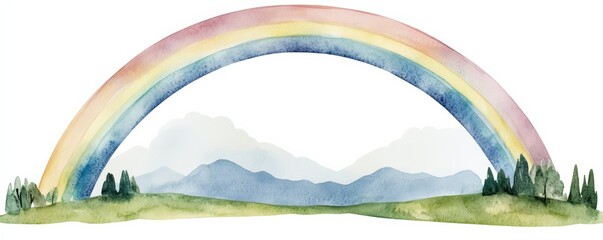 Watercolor illustration of a single rainbow arcing high over the landscape, clipart, isolate on white background, copy space