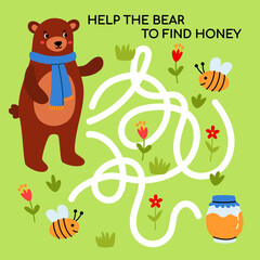 Animal maze game for kids. Help the bear to find honey. Printable worksheet with solution for school and preschool. Vector cartoon illustration.