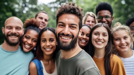 A cheerful gathering of friends stands close together, smiling joyfully in a vibrant green park on a sunny summer day, showcasing camaraderie and friendship