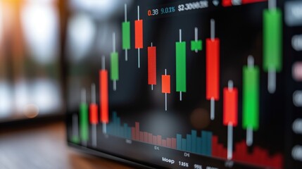 A vibrant candlestick chart presents real-time stock fluctuations with red and green bars, showcasing price changes during evening market hours on a digital screen