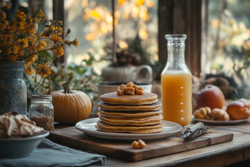 A cozy Thanksgiving morning scene featuring stack of fluffy pancakes topped with nuts, surrounded by autumn decor, fresh fruits, and glass of juice.