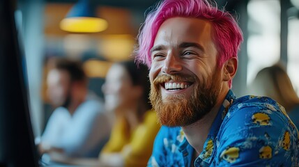 Obraz premium A cheerful man with vibrant pink hair and a beard, smiling joyfully in a casual, creative setting, symbolizing self-expression and individuality.