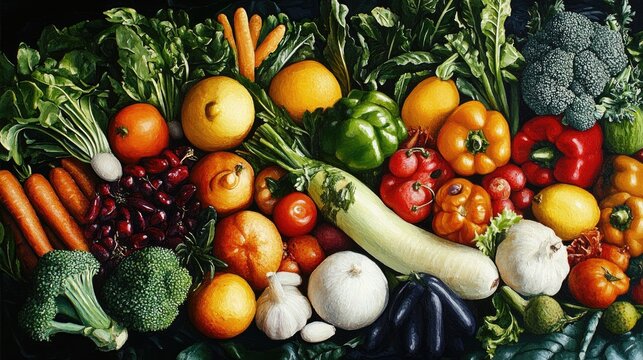 Oil painting depicting food products including vegetables and fruits illustrating the concept of home delivery nutrition and diet during challenging times