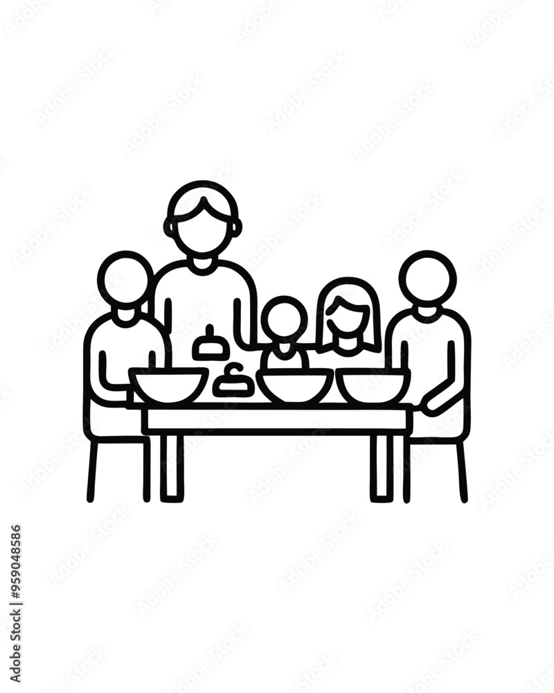 Wall mural Editable stroke vector of a family gathering around a table with food.