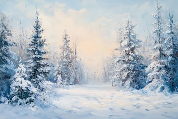 Oil painting depicting a stunning winter scene with snow laden trees and a serene snowy landscape