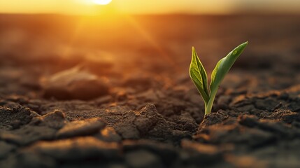 The sun rises softly, illuminating a young plant emerging from cracked, dry soil, representing the strength of nature and possibilities for growth against challenging conditions