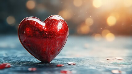 shiny red heart resting on a soft surface, bathed in warm light, symbolizing love, affection, and emotional warmth.