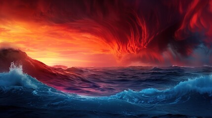 Fototapeta premium A fiery sunset casts brilliant orange and red hues across turbulent ocean waves, while a distant volcanic eruption adds dramatic clouds and light, showcasing natureвЂ™s raw power