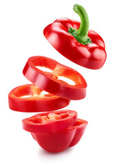 Fresh red bell pepper slices floating against a transparent background, ideal for food and culinary designs