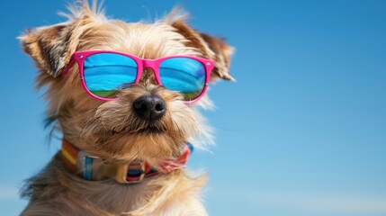 A small dog with fluffy fur and bright sunglasses relaxes under the sun, showcasing a stylish look while enjoying the beach atmosphere