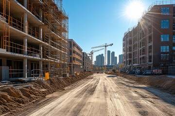 Obraz premium Construction site with partially built buildings under sunny sky, showcasing cranes and urban development.