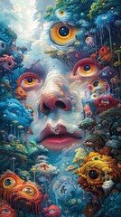 A surreal portrait of a face formed by a forest of mushrooms and eyes.