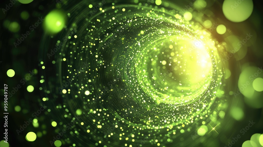 Aufkleber Abstract bright green glowing background with flying dots circles bokeh energy particles and light rays in a 3D cartoon rendering