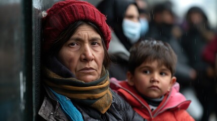 Migrant mother and child waiting in line at a food bank, expressions of patience and need, sense of community support and struggle, indoor setting with volunteers distributing supplies