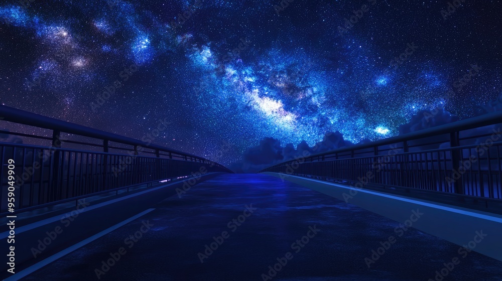 Poster night view of the milky way in a vast universe above a road and bridge depicted in 3d cartoon style