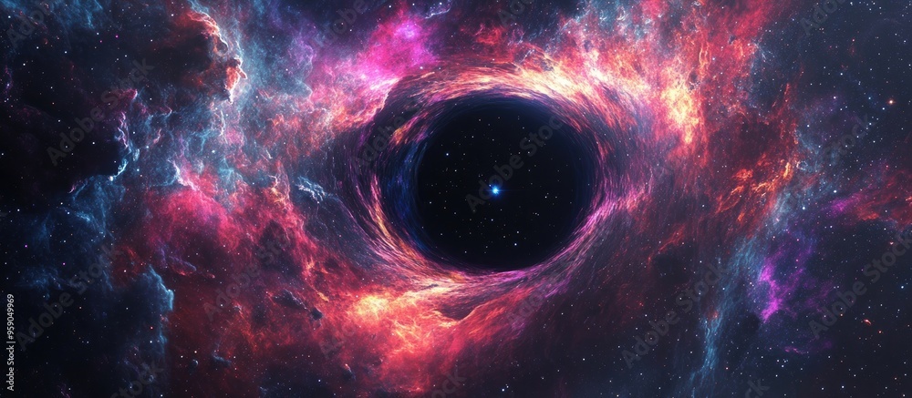 Poster Stars and material fall into a black hole in this 3D cartoon rendering An abstract space wallpaper featuring a black hole surrounded by a nebula colorful stars and cloud fields in outer space