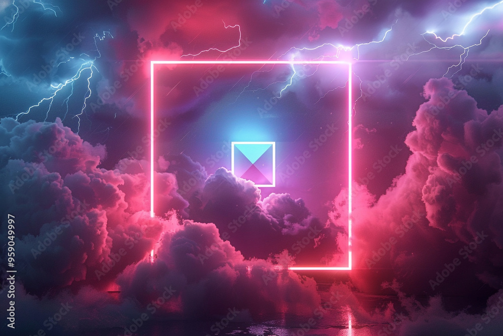 Fototapete a 3d render of an abstract minimal background featuring a pink-blue neon light square frame with amp