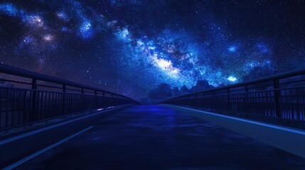 Fototapeta premium Night view of the Milky Way in a vast universe above a road and bridge depicted in 3D cartoon style