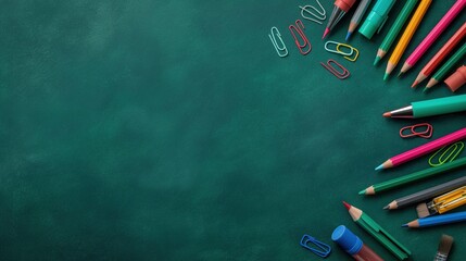 Colorful pencils, paperclips, and other stationery items are neatly placed on a green chalkboard surface, creating a vibrant workspace atmosphere