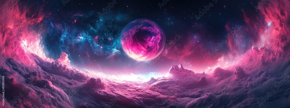 Aufkleber 360 degree nebula panorama in a 3D cartoon rendering featuring an equirectangular projection and environment map HDRI spherical panorama showcasing a space background with nebula and stars 3D illu