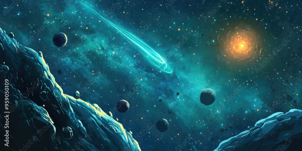 Aufkleber 2D illustration of a 3D cartoon rendering featuring deep interstellar space with stars planets moons and comets showcasing various creative science fiction backdrops in space art