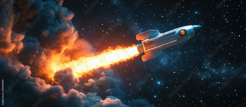 Aufkleber 3d cartoon rendering of a technological shuttle rocket launching with fire and smoke into a starry s