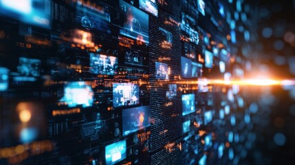 Fototapeta premium Abstract digital wall of glowing screens with data and information.