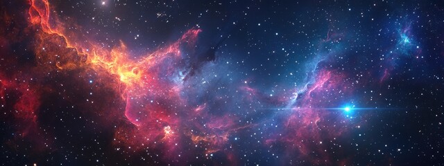 Colorful space background featuring a 3D cartoon depiction of a nebula gas cloud in deep outer space illustrating science fiction elements along with stars in a 3D render