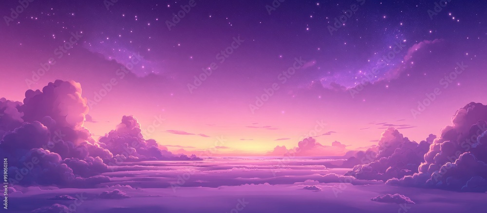 Poster View of a purple evening sky with cirrus clouds and stars in a 3D cartoon rendering background abstract