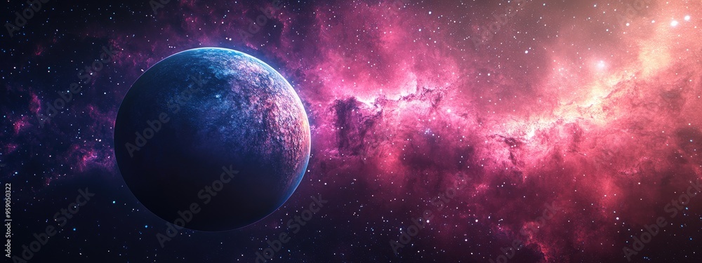 Aufkleber planet in space against a nebula in 3d cartoon rendering