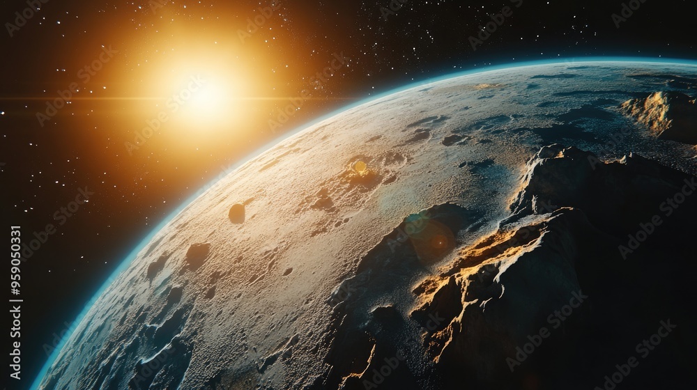 Poster Detailed surface of a realistic exoplanet showcasing a beautiful alien world in deep space rendered in 3D cartoon style similar to Earth with a space background