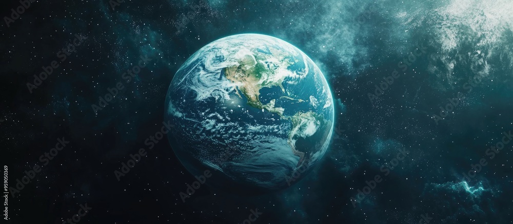 Poster 3d cartoon depiction of earth in space view of the planet from above