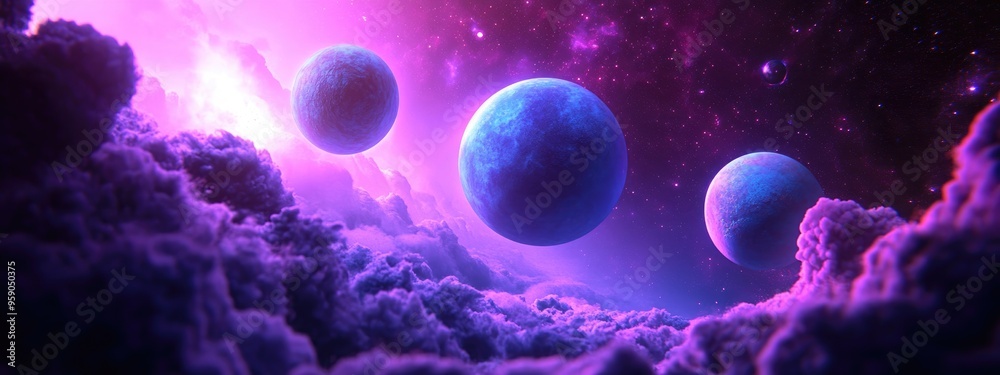 Poster Unexplored planets in faraway space depicted in a high resolution 3D cartoon rendering perfect for science fiction fantasy enthusiasts and ideal for wallpaper and print