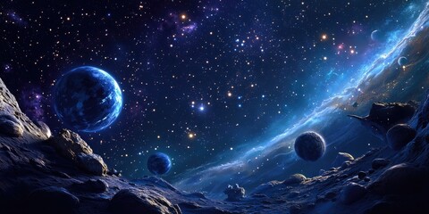 2D illustration rendered in 3D cartoon style Space themed artwork featuring deep vast environments Includes stars planets and moons Unique science fiction backdrops and alien solar systems