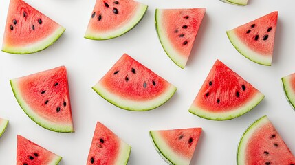 Watermelon slices on a white background. This image can be used for a variety of purposes, such as food blogs, social media posts, or advertising.