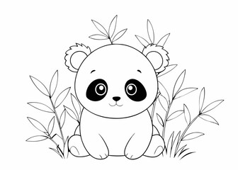 Fototapeta premium Cute cartoon panda cub sitting among bamboo outline for coloring, playful design, fun activity, copy space