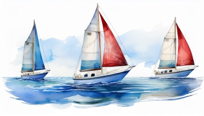 Fototapeta premium Sailing boat on the surface of the water. Set of watercolor illustrations. Yacht