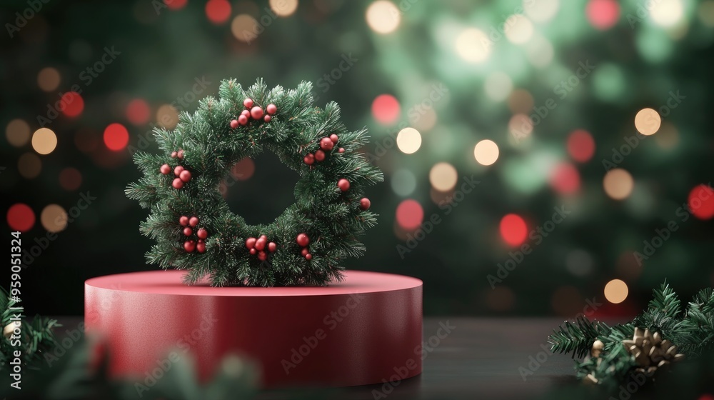 Aufkleber festive podium display featuring a christmas wreath with fir branches 3d rendering 3d illustration