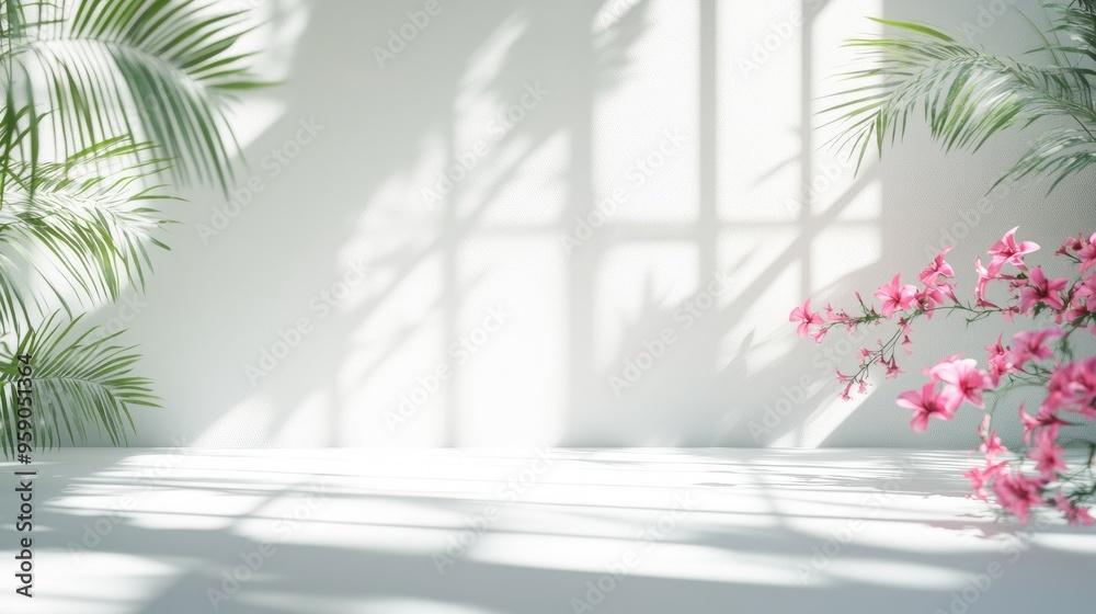 Poster abstract studio backdrop for showcasing products vacant space featuring window shadows flowers and p