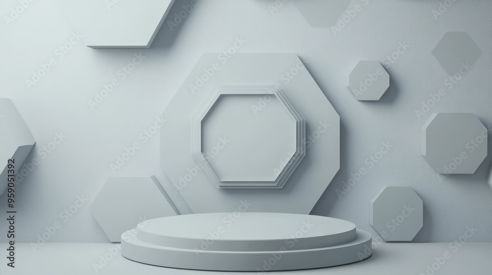 Poster Creative ideas Abstract background featuring modern futuristic geometric shapes with a podium for a hexagonal banner in gray Blank space digital banner website 3D rendering