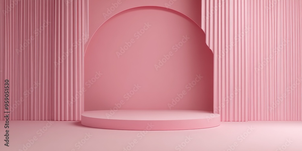 Poster minimalist design in 3d with a pink color palette featuring a podium mockup for presentation against