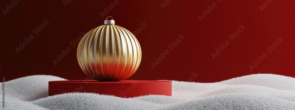 Poster minimalist product backdrop for winter holiday theme featuring a gold striped bauble podium and snow